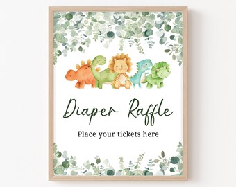 Diaper Raffle Sign Dinosaur Baby Shower, Dino Baby Shower Raffle Sign, Greenery Baby Shower Decor Gender Neutral Printable Template 0207