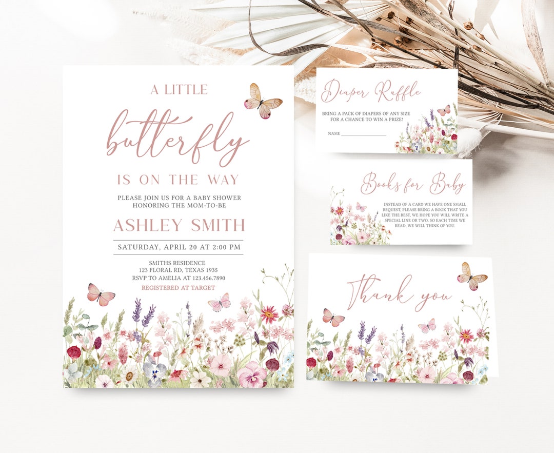 Editable Butterfly Baby Shower Invitation Bundle, Wildflower Spring ...