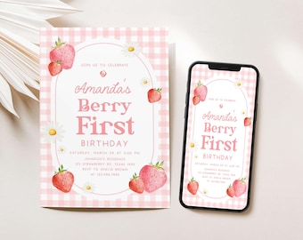 Editable Berry First Birthday Invitation, Berry 1st Birthday Invite, Pink Strawberry Birthday Invitation, Gingham Berry Sweet Birthday, 66BD