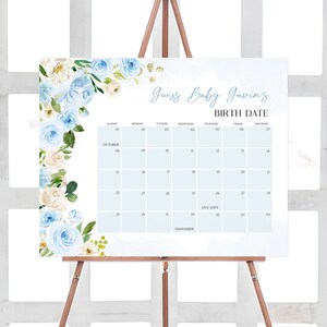 Calendario editable de fecha de vencimiento del baby shower de niño en flor, calendario de baby shower floral azul, predicción de cumpleaños del baby shower de primavera, 0707 imagen 1