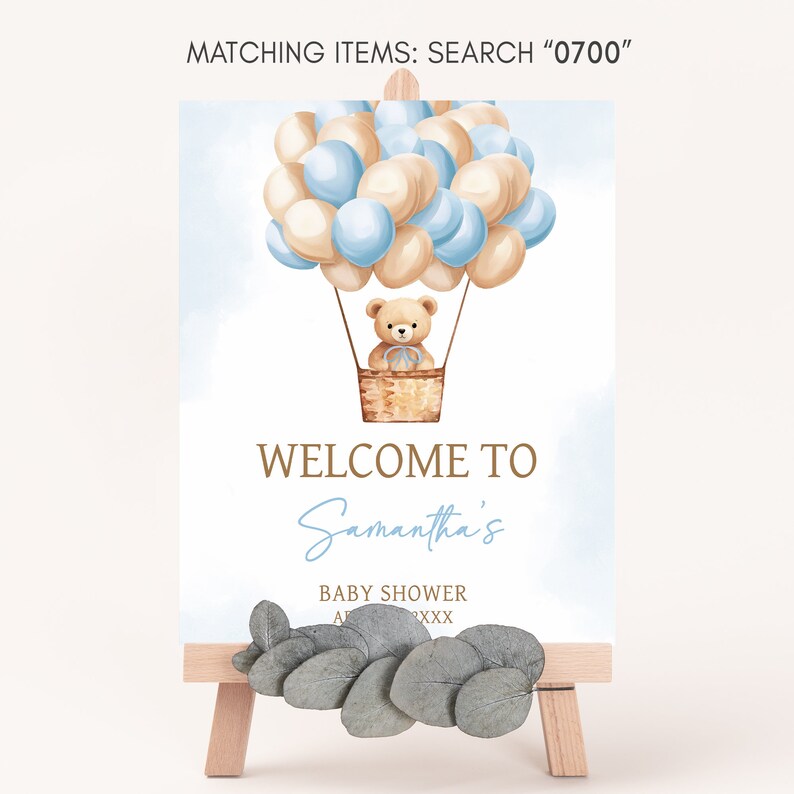 Panneau de bienvenue modifiable pour baby shower ours en montgolfière, affiche de bienvenue pour baby shower garçon nous pouvons attendre, baby shower bohème ours bleu, 0700 image 3