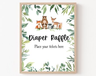 Diaper Raffle Sign Woodland Baby Shower, Greenery Woodland Animals Game Sign, Wild Forest Animals Baby Shower Decorations Printable 0168