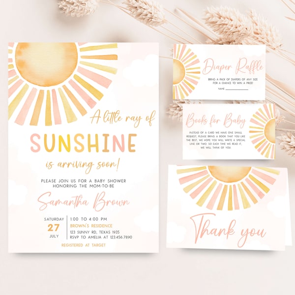 Editable Sunshine Baby Shower Invitation Bundle, A Little Ray of Sunshine Baby Shower Invite Set, You Are My Sunshine Boho Baby Shower, 0753