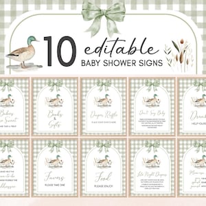 May include: A set of ten editable baby shower signs with a duck theme. The signs have a green and white gingham background and feature a duck illustration and text such as "Babies are Sweet" and "Drinks Help Yourself".