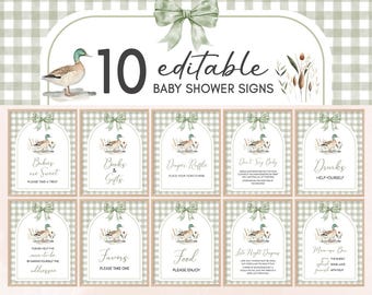 Editable Duck Baby Shower Table Sign, Mallard Baby Shower Bundle Sign, Green Gingham Mallard Duck Baby Shower, Boy Hunting Baby Shower 01113