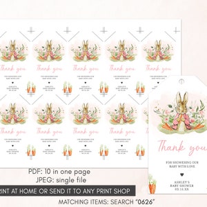 a thank card with a bunny and carrots on it