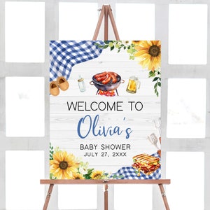 Editable Sunflower Blue Baby-Q Baby Shower Welcome Sign, Boy BBQ Baby Shower Welcome Poster, Floral Backyard Picnic Baby Shower Sign, 0819