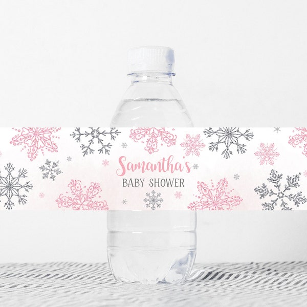 Editable Snowflake Baby Shower Bottle Label, Winter Baby Shower Water Wrap, Pink A Little Snowflake Snowflake Baby Printable Template 0154