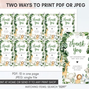 May include: Ten printable thank you tags featuring a jungle theme with a giraffe, lion, elephant, and zebra. The text reads "Thank You for showering our baby with love, Alexandra's Baby Shower, 06.10.2023".