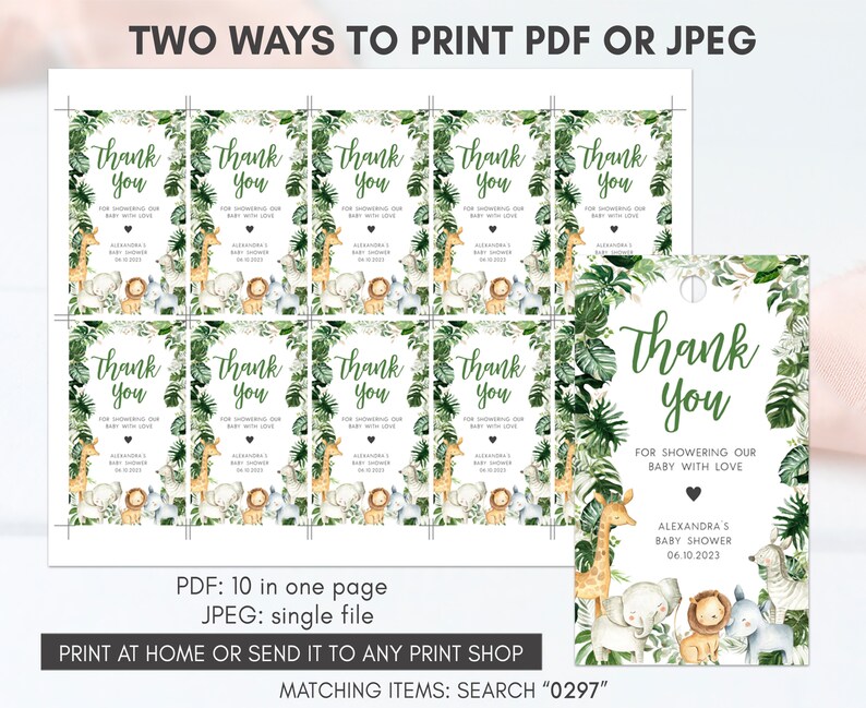 May include: Ten printable thank you tags featuring a jungle theme with a giraffe, lion, elephant, and zebra. The text reads "Thank You for showering our baby with love, Alexandra's Baby Shower, 06.10.2023".