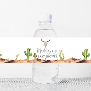 Etichette per bottiglie d'acqua per baby shower con teschio di toro modificabili Cactus del sud-ovest Etichetta per bottiglie per baby shower Boho Genere neutro messicano stampabile 0184