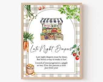 'S avonds laat luiers bord boerenmarkt babyshower, lokaal geteelde babyshower luiergedachten bord, biologische groenten en fruit borden, 0957