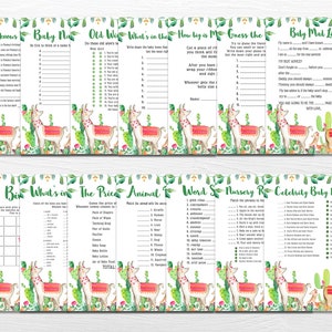 May include: A set of ten printable baby shower game cards featuring a llama and cactus theme. The games include "Who Knows", "Baby Names", "Old Wives Tales", "What's in the Diaper Bag", "How Big is Mommy", "Guess the Baby Food", "Bin-go", "What's in the Diaper Bag", "The Price is Right", "Animal Word Scramble", "Nursery Rhymes", and "Celebrity Baby Names".