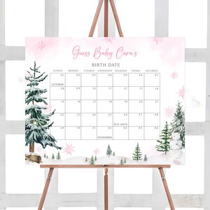 Bewerkbare baby het is koud buiten baby shower vervaldatum kalender, meisje winter wonderland baby shower kalender, roze sneeuwvlok baby shower, 0544 afbeelding 1