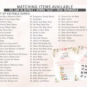 Może przedstawiać: Zestaw drukowanych gier na baby shower z r&oacute;żowo-białym tłem kwiatowym. Gry obejmują "How Big is Mommy's Belly?", "What's in the Diaper Bag", "Old Wives Tales", "Celebrity Baby Names", "Nursery Rhyme Quiz", "Baby Name Race", "Word Scramble", "Animal Pregnancy", "The Price is Right", "Bingo", "What's in your purse?", "Who knows Mommy best?", "Guess who Mommy or Daddy?", "Who is my Mama", "Children's Book Emoji Pictionary", "Who knows Daddy best?", "Baby Around the World", "Baby ABC", "Baby Shower Memory Game", "Time Capsule", "Over or Under", "Baby Traits", "Would Mommy Rather", "What's on your Phone?", "First Year Bucket List", "Pregnancy Candy Match", "Dad Jokes", "Name that Baby Tune", "Oh Baby Mad Libs", "Guess The Baby Food", "Baby or Beer Belly", "Boobs or Butt", "Draw Baby", "Fairytale Parents", "Advice for Mommy", "What Did Daddy Say", "What Did Mommy Say", "Name that Baby Song", "Find the Guest", "Baby Item Game", "Dear Baby", "He said She said", "Recipes", "My Water Broke!", "How old was she?", "Guess the sweet mess", "Who am I?", "Baby Shower Scattegories", "Baby Predictions", "Advice and Wishes", "Prayers for the Baby", "Baby Trivia", "How old were they?", "Baby Memory", "Storybook Character Match", "Baby Traditions Around the World", "Baby Word Match", "Baby Shower Characters", "Left - Right", "Labor or Lovin'".