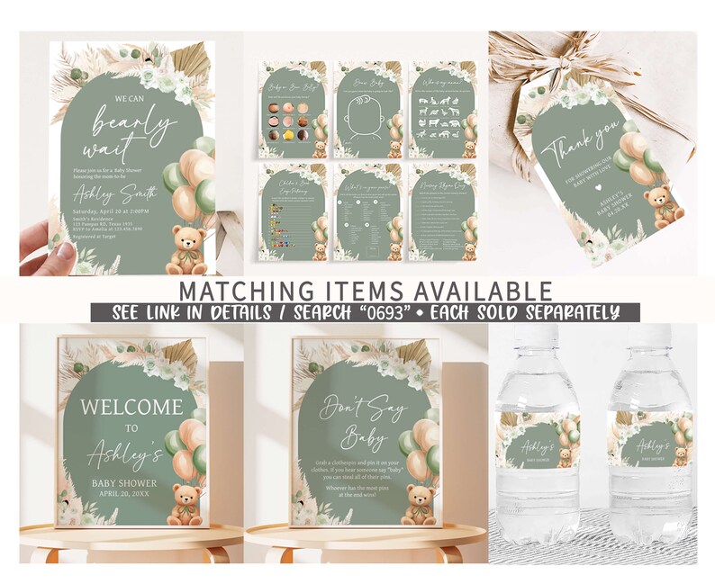 May include: A set of printable baby shower decorations with a green, brown, and beige color scheme. The decorations feature a teddy bear, balloons, and the text "We can bearly wait" and "Ashley's Baby Shower".