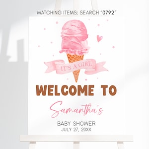 Editable Pink Ice Cream Baby Shower Welcome Sign, Here&#39;s The Scoop Baby Shower Welcome Poster, It&#39;s A Girl Summer Baby Shower Sign, 0792