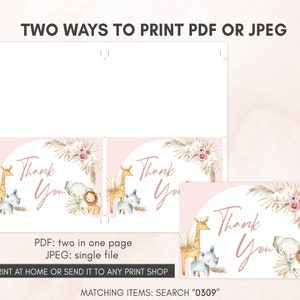 May include: Two printable thank you cards featuring a pink and brown watercolor design with a giraffe, elephant, and lion. The text "Thank You" is written in a pink script font. The cards can be printed as a PDF with two cards per page or as a JPEG with one card per page.