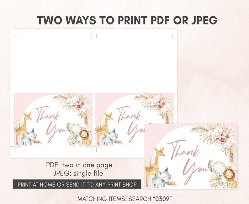 May include: Two printable thank you cards featuring a pink and brown watercolor design with a giraffe, elephant, and lion. The text "Thank You" is written in a pink script font. The cards can be printed as a PDF with two cards per page or as a JPEG with one card per page.