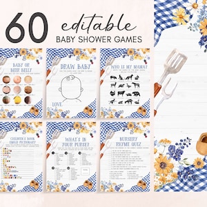 Peut inclure: Un ensemble de 60 jeux de baby shower imprimables avec un motif vichy bleu et blanc, des tournesols et des fleurs bleues. Les jeux comprennent "Baby or Beer Belly", "Draw Baby", "Who is My Mama?", "Children's Book Emoji Pictionary", "What's in Your Purse?", et "Nursery Rhyme Quiz".