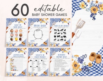 Editable Blue BBQ Baby Shower Games Bundle Baby-Q Shower Game Pack Boy Backyard Barbeque Picnic Couples Shower Games Printable Template 0304