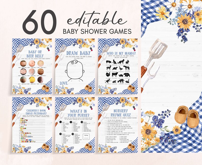 Peut inclure: Un ensemble de 60 jeux de baby shower imprimables avec un motif vichy bleu et blanc, des tournesols et des fleurs bleues. Les jeux comprennent "Baby or Beer Belly", "Draw Baby", "Who is My Mama?", "Children's Book Emoji Pictionary", "What's in Your Purse?", et "Nursery Rhyme Quiz".