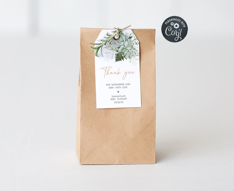 Editable Baby in Bloom Baby Shower Favor Tag, Greenery Succulent Baby Shower Gift Tag, Succulents Gender Neutral Shower Thank You Tags, 0679 image 1