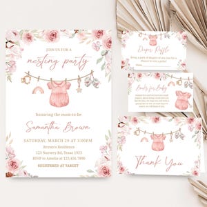 Redigerbar babyshowerinbjudan till flicka, babyshowerinbjudan med blommigt bo, söt babyshowerinbjudan 01069