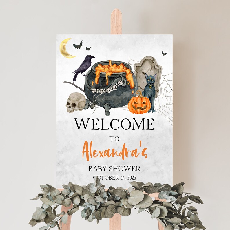Editable A Baby is Brewing Halloween Baby Shower Welcome Sign, Witch Baby Shower Welcome Sign, Gender Neutral Halloween Welcome Sign 0436 image 1