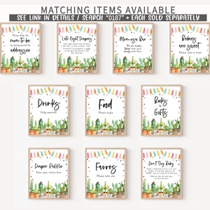 May include: A set of ten printable signs with a cactus theme for a baby shower. The signs feature colorful pennant banners and text that says "Please help the mom-to-be by making yourself the addressee", "Late Night Diapers", "Mimosas Bar", "Babies are sweet", "Drinks", "Food", "Books & Gifts", "Diaper Raffle", "Favors", and "Don't Say Baby".