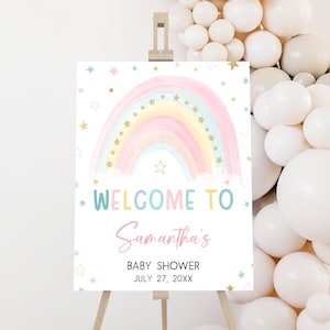 Editable Rainbow Baby Shower Welcome Sign, Boho Rainbow Baby Shower Welcome Poster, Star Sprinkles, Pastel Colors Baby Shower Sign, 0811