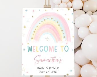 Editable Rainbow Baby Shower Welcome Sign, Boho Rainbow Baby Shower Welcome Poster, Star Sprinkles, Pastel Colors Baby Shower Sign, 0811