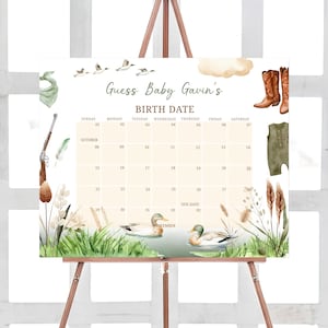 Bearbeitbarer Entenjagd-Babyparty-Fälligkeitsdatumskalender, Stockenten-Babypartykalender, ein kleiner Jäger-Babyparty-Geburtstagsvorhersage 0965