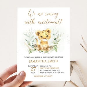 Bewerkbare leeuw babyshower uitnodiging, groen leeuw safari babyshower uitnodiging, genderneutraal jungle babyshower uitnodiging sjabloon, 0734
