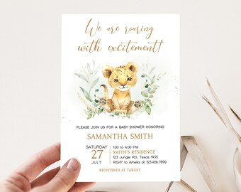 Editable Lion Baby Shower Invitation, Greenery Lion Safari Baby Shower Invite, Gender Neutral Jungle Baby Shower Invitation Template, 0734