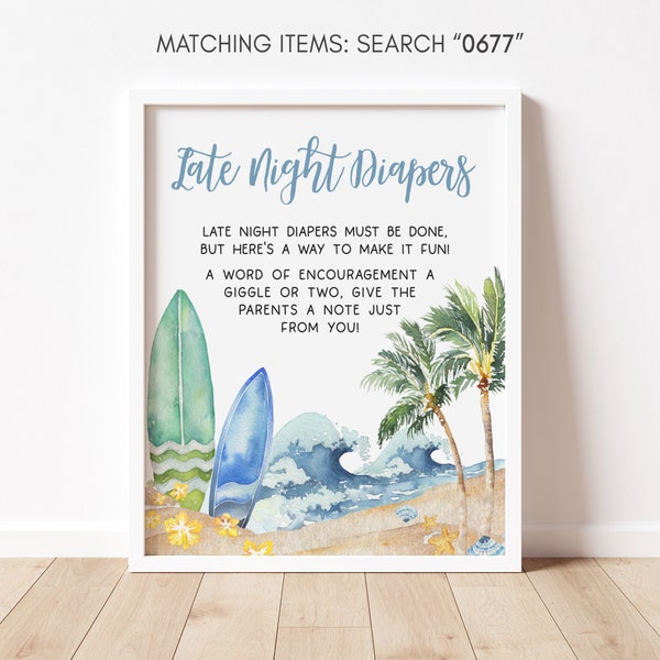 Late Night Diapers Sign Baby on Board Baby Shower, Surf Board Beach Baby Shower Diaper Thoughts Sign, Surfing Summer Boy Baby Shower, 0677