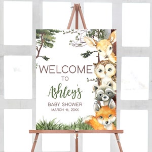 Segno di benvenuto modificabile per la doccia per bambini nel bosco, poster di benvenuto per la doccia per bambini nel bosco, modello di cartello per la doccia per bambini nella foresta degli animali del bosco, 0645