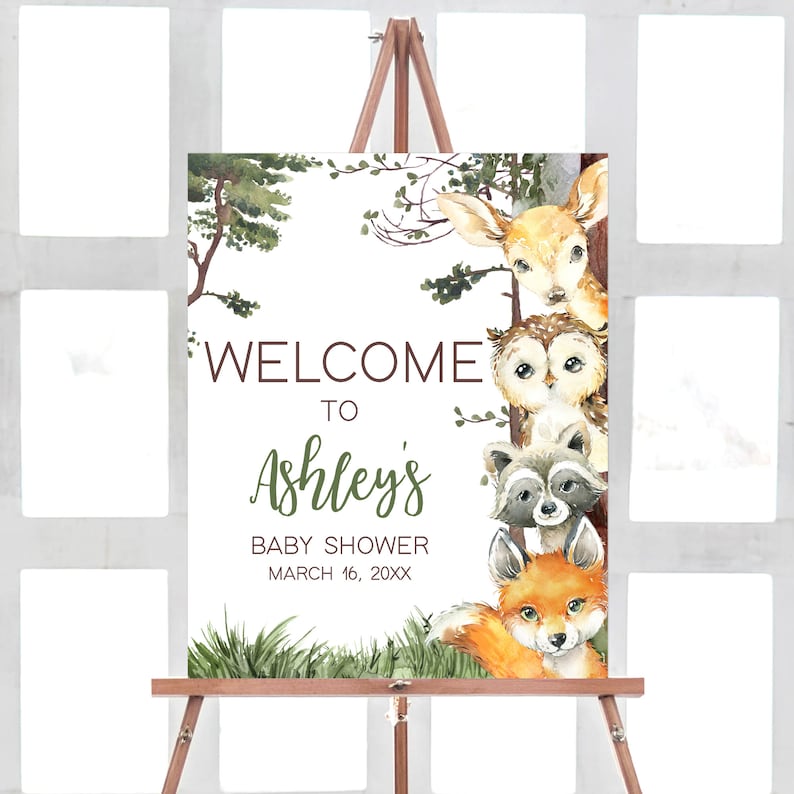 Editable Woodland Baby Shower Welcome Sign, Woodland Boy Baby Shower Welcome Poster, Woodland Animals Forest Baby Shower Sign Template, 0645 image 1
