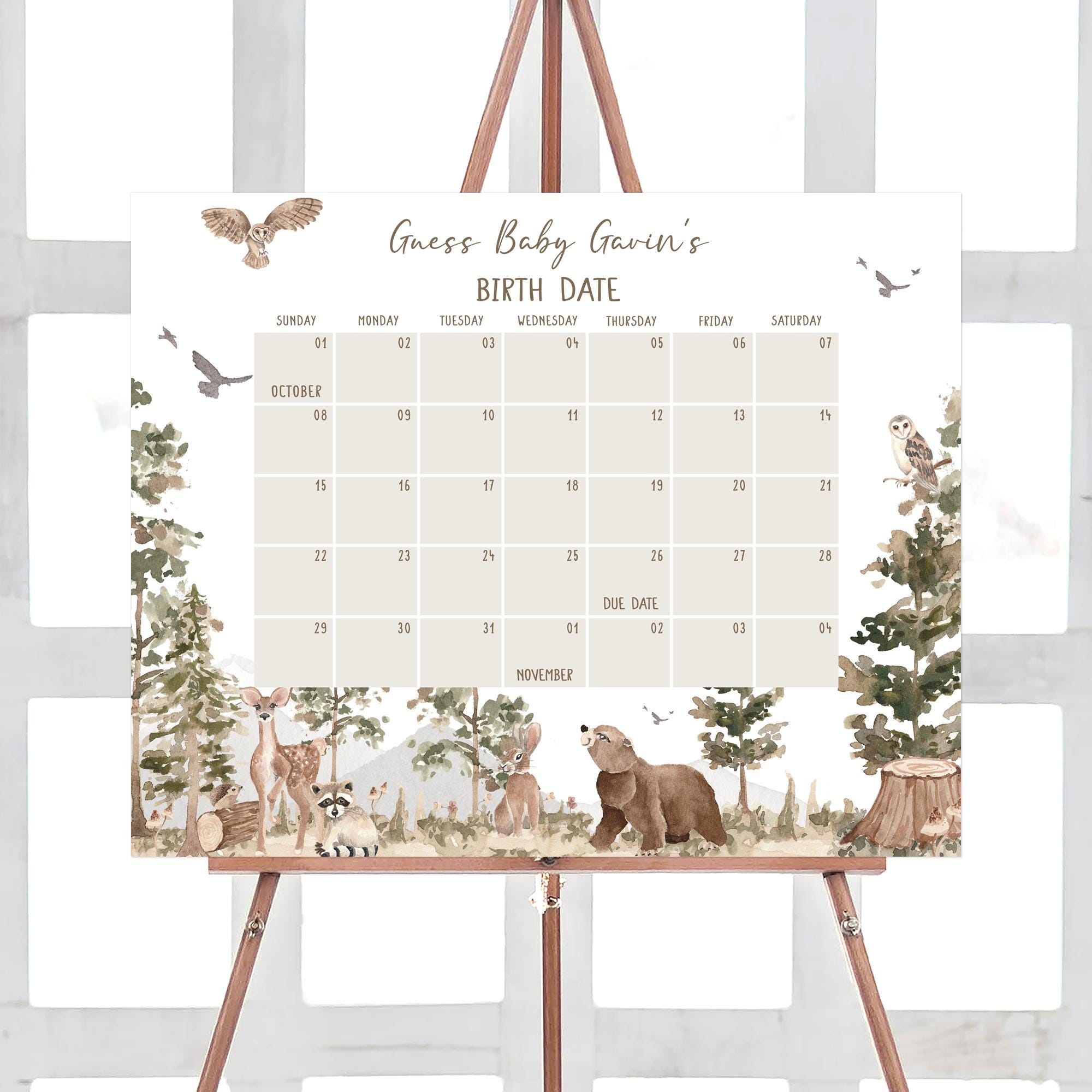 Editable Adventure Awaits Baby Shower Due Date Calendar, Woodland Animals Baby Shower Calendar, Adventure Woodland Birthday Prediction 01032