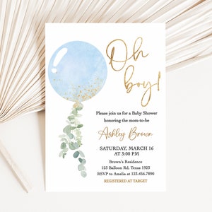 Editable Boy Blue Balloon Baby Shower Invitation, Balloon Oh Boy Baby Shower Invite, Boy Eucalyptus Greenery Baby Shower Invitation, 0610 image 1