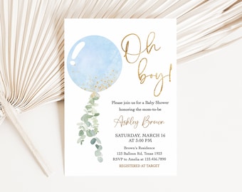 Editable Boy Blue Balloon Baby Shower Invitation, Balloon Oh Boy Baby Shower Invite, Boy Eucalyptus Greenery Baby Shower Invitation, 0610