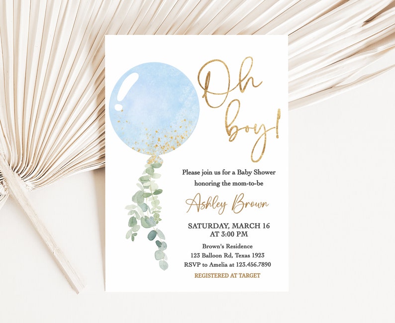 Editable Boy Blue Balloon Baby Shower Invitation, Balloon Oh Boy Baby Shower Invite, Boy Eucalyptus Greenery Baby Shower Invitation, 0610 image 1
