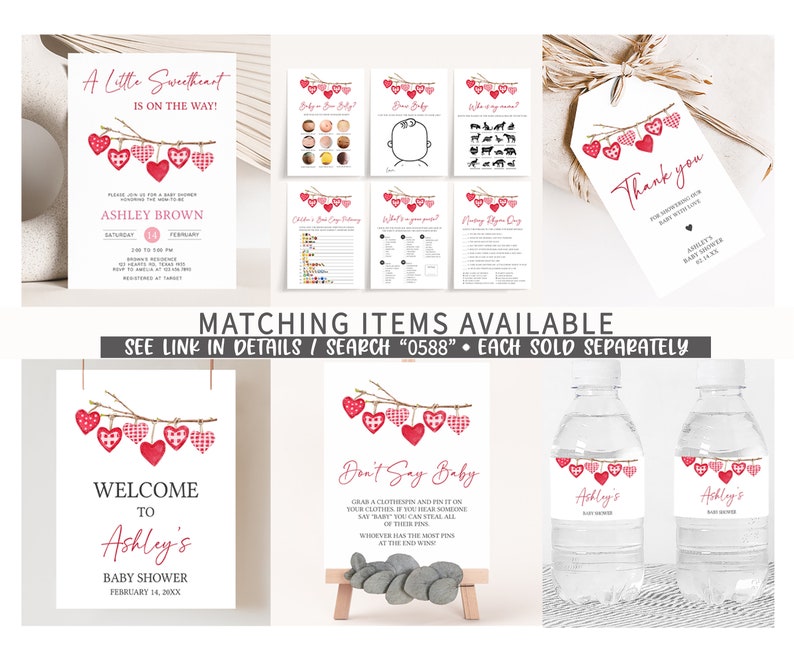 Puede incluir: Un conjunto de decoraciones para baby shower con un tema de corazones rojos y blancos. Incluye invitaciones, juegos, un letrero de bienvenida, un letrero de 'Don't Say Baby' y etiquetas para botellas de agua. El texto incluye 'A Little Sweetheart' y 'Baby Shower'.