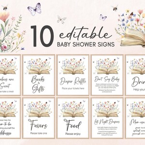 Bearbeitbar Ein neues Kapitel beginnt Babyparty Tischschild, Märchenbuch Babyparty Bundle Zeichen, Schmetterling Wildblumen Buch Babyparty Zeichen, 01034
