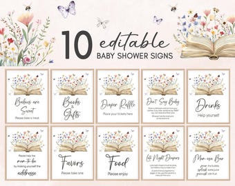 Editable A New Chapter Begins Baby Shower Table Sign, Storybook Baby Shower Bundle Sign, Butterfly Wildflower Book Baby Shower Sign, 01034