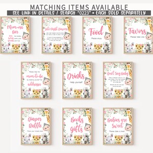 May include: A set of 10 printable signs for a baby shower with a jungle animal theme. The signs are decorated with pink flowers, green leaves, and illustrations of a giraffe, zebra, and lion. The signs include titles like "Mom-esa Bar", "Drinks", "Favors", "Diaper Raffle", and "Books & Gifts".
