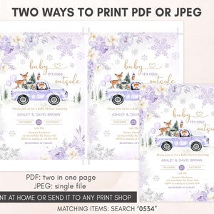 Editable Purple Winter Woodland Baby Shower Invitation Bundle, Girl Woodland Winter Baby Shower Invite Set, Girl Baby It's Cold Outside 0534 image 4