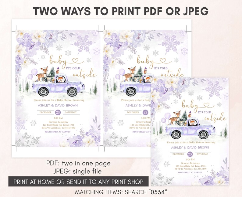 Editable Purple Winter Woodland Baby Shower Invitation Bundle, Girl Woodland Winter Baby Shower Invite Set, Girl Baby It's Cold Outside 0534 image 4