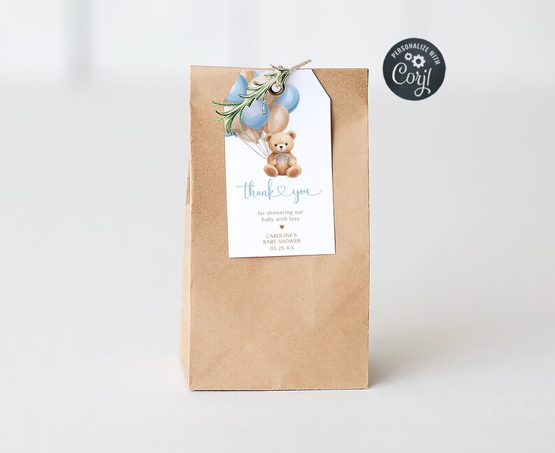 Editable Boho Brown Bear Baby Shower Favor Tags, Blue Balloon Baby Shower Gifts Tag, We Can Bearly Wait Boy Baby Shower Thank You Tags, 0672 image 1