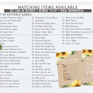 K&ouml;nnte beinhalten: Eine druckbare Liste mit 60 Babyparty-Spielen auf rustikalem braunem Hintergrund und Sonnenblumen. Die Liste enth&auml;lt Spiele wie "How Big is Mommy's Belly?" und "Baby Shower Characters".